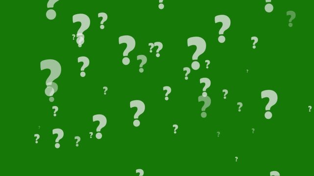 Question marks Animation moving on alpha channel green screen background.Camera moving through question marks on the alpha channel background. Question marks flying animated. Questions marks animated
