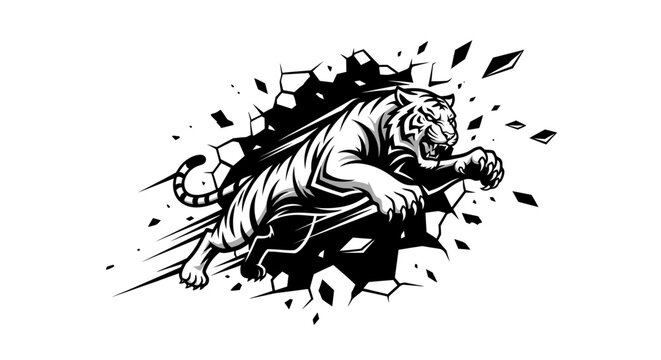 Tiger leaping through broken wall black and white illustration.