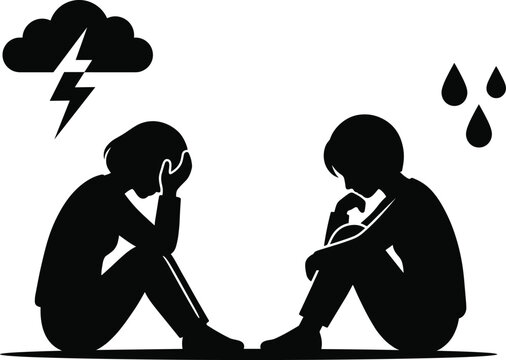Silhouette of sad crying couple sitting on floor with lightning storm cloud and raindrops icons