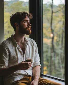 Man Gazing Out of Window Holding Tea in Serene Forest View