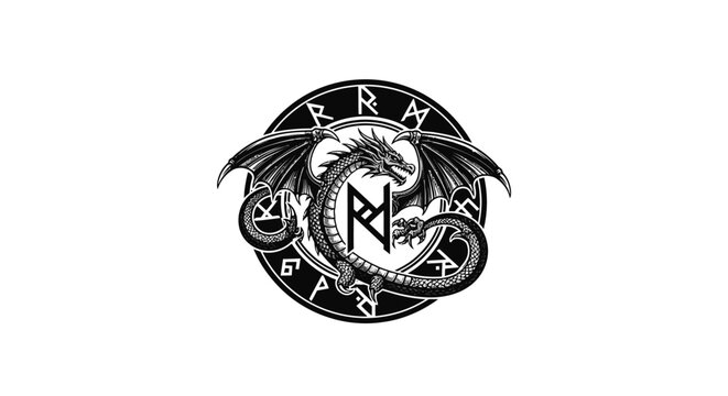 Viking dragon symbol with ancient runic alphabet circle.