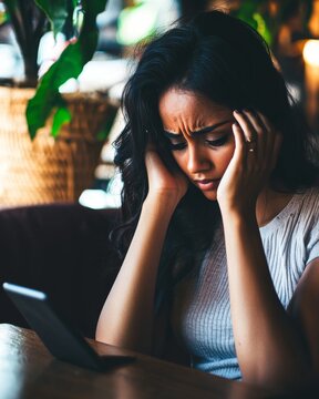 Woman Sitting Alone in Cafe Deep in Thought with Hands on Her Head