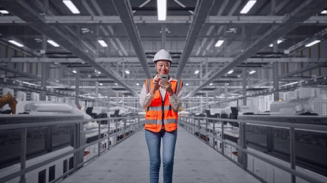 Front View of Asian Female Engineer Use Smartphone While Walking at Modern Solar Panel Manufacturing Factory with Automated Robotic Assembly Line