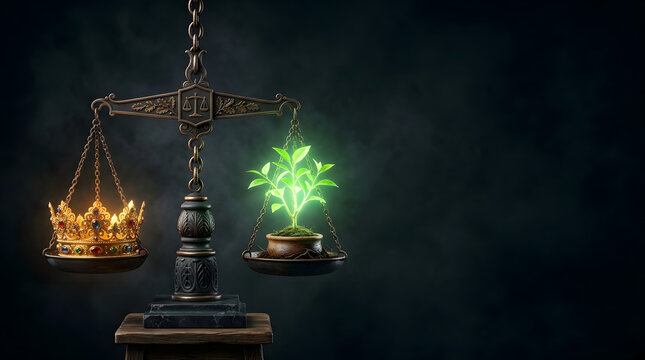 The Balance of Power: A symbolic scale weighs a golden crown against a vibrant green sapling, illustrating the eternal conflict and delicate balance between dominion and nature.