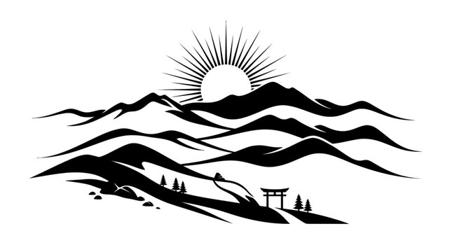 Black silhouette mountain landscape with sun.