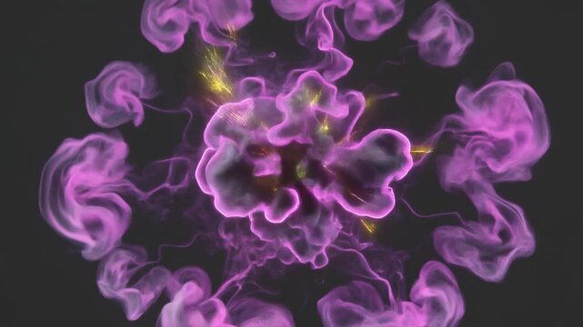 Abstract motion background featuring a glowing neon purple microscopic cell or virus structure that dynamically expands and mutates into fluid smoke and energy bursts