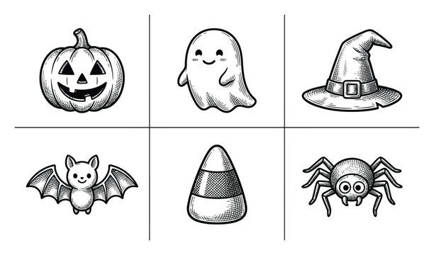 A collection of cute halloween themed including a pumpkin, ghost, witch hat, bat, candy corn, and a spider in style