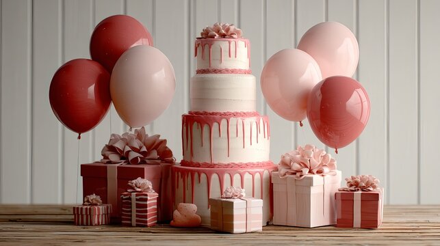 Elegant four tier pink drip cake surrounded by festive wrapped gift boxes and floating balloons on a rustic wooden table