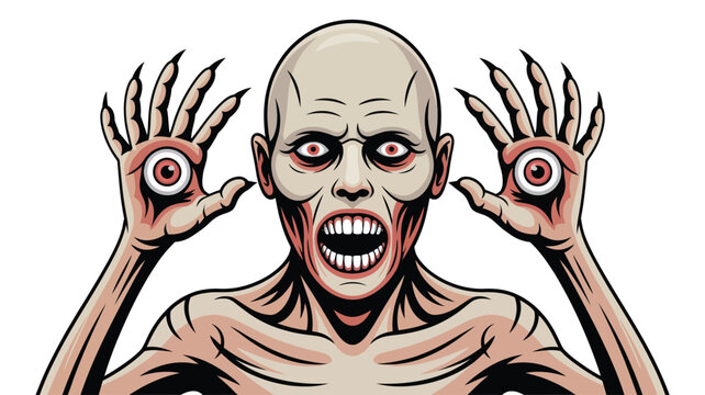 Frightening pale creature with exposed teeth and eyes on palms, hands outstretched