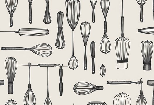 Monochrome seamless background pattern of various shapes of whisks