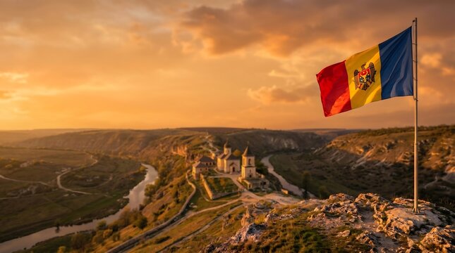 National flag of Moldova waving over Old Orhei monastery valley during golden hour sunset landscape photography