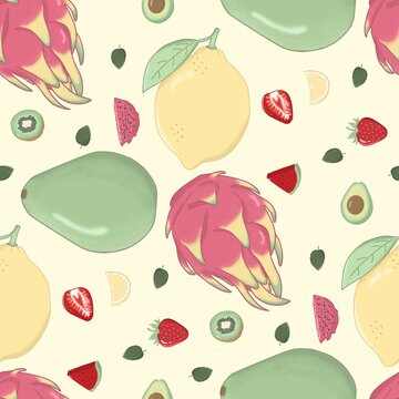 ​Seamless pattern of mixed hand-drawn tropical fruits including dragon fruit, lemon, avocado, andstrawberry on a yellow background.
