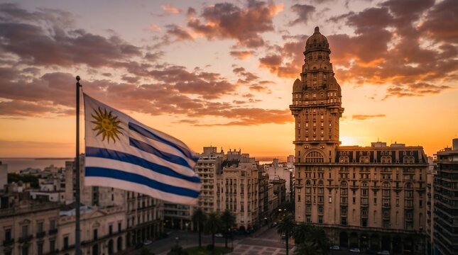 Sunset view of Palacio Salvo and Uruguay flag waving over Montevideo city skyline