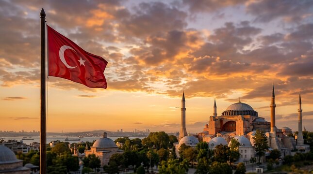 Turkish national flag waving with Hagia Sophia mosque under warm golden sunset sky in Istanbul city panoramic view