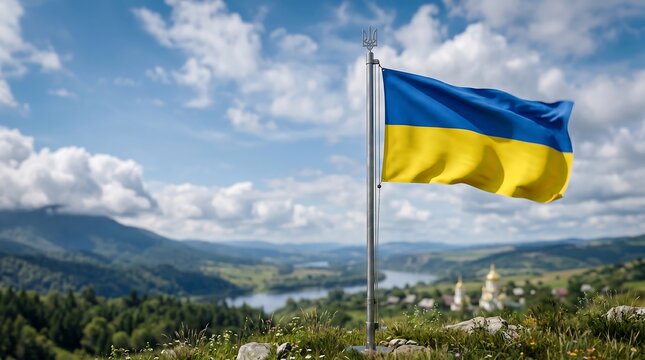 Ukrainian national flag waving on silver flagpole against scenic mountain landscape with river under blue sky