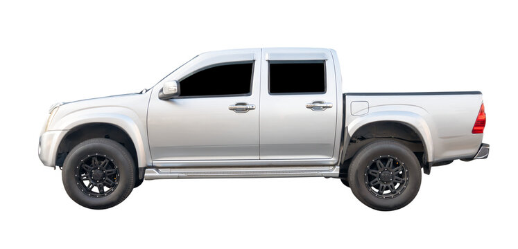 Left side view of clean silver pickup truck isolated with clipping path in png file format