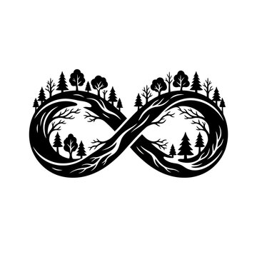 Infinity symbol formed by trees and branches representing natures endless cycle.