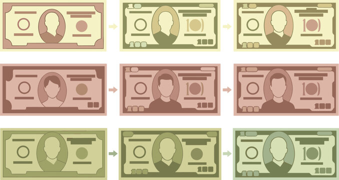 Paper money currency creation step by step tutorial vector collection set featuring flat cartoon icons of dollar banknotes drawing progression sequence isolated on white background