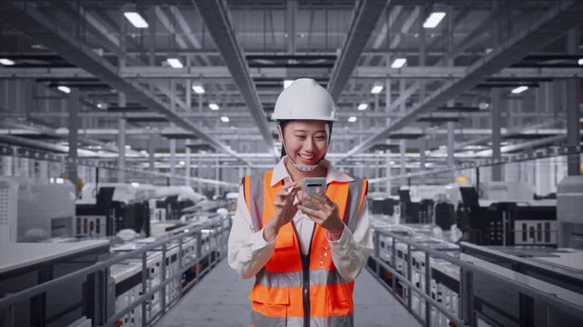 Front View of Asian Female Engineer Use Smartphone While Walking at Modern Solar Panel Manufacturing Factory with Automated Robotic Assembly Line