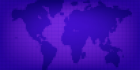 Fototapeta premium Purple glowing dotted world map concept. Abstract neon dot globe worldmap for poster, banner, brochure, booklet, presentation. Halftone continent infographics wallpaper. Vector illustration