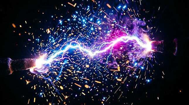 Electric discharge sparks flying between two metal conductors creating a brilliant high voltage arc against a deep dark background with vibrant blue and purple light hues