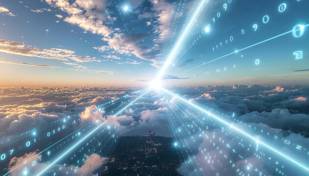 Futuristic Data Stream Over Cloudy Sky Landscape.