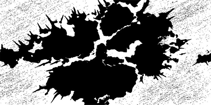 An abstract inkblot pattern, evoking a Rorschach test, with jagged, organic shapes and a textured, speckled background.