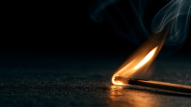 Ignited Spark: A close-up macro shot captures a single matchstick igniting, with a vibrant flame and smoke curling upwards against a dark, textured background, symbolizing new beginnings and energy.