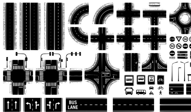 Highway Road Elements and Traffic Sign Collection with Crossroads and Street Junctions