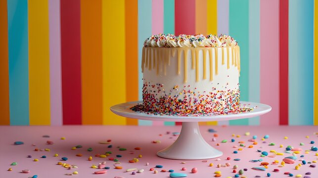 Delicious white frosted cake with golden caramel drip and colorful sprinkles sitting on a stand against a vibrant striped backdrop