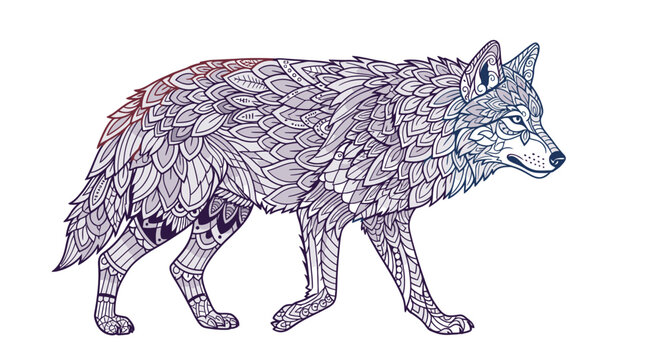 Purple patterned wolf walking line art illustration design.