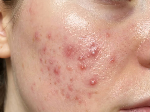 Close up of human cheek with red inflamed acne lesions and whiteheads skin pimple