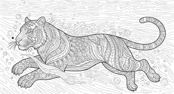 Running tiger in water with detailed zentangle pattern art.