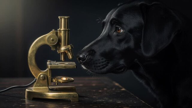 Curious black Labrador dog examining a vintage brass microscope on wooden table in dark setting