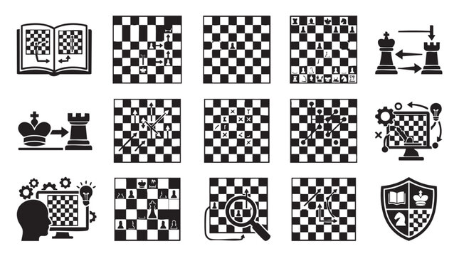 Chess, strategy, icons, set, 15 elements, black and white, vector graphics, checkmate, board game, pieces