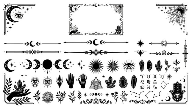 Black and white mystical symbols set.