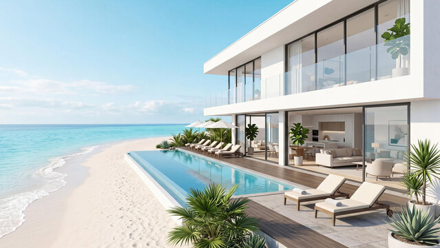 Modern white luxury villa with an infinity pool on a sandy tropical beach. Contemporary beach house exterior featuring lounge chairs, open glass doors, and beautiful turquoise ocean views.