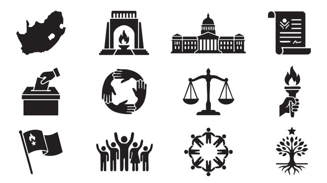Government, law, and politics icons, 10 black vector symbols, democracy and justice illustrations, civic and legal signs