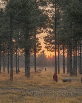 Serene Silhouette in a Peaceful Forest at Sunrise Creating Mindful Moments