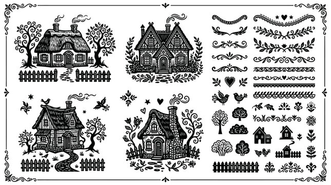 Black and white houses with fences.