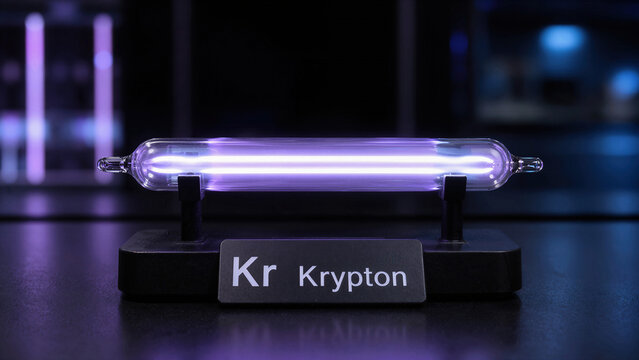 Krypton gas tube showing purple glow during a science demonstration at a laboratory