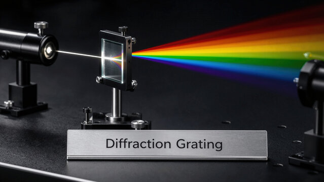 Light passes through a diffraction grating and creates a spectrum of colors that display in a straight line on a dark table in a lab setting