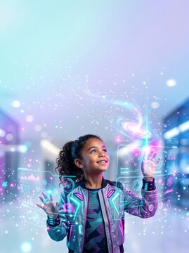 [Generative AI] Futuristic education concept photo of a child experiencing a holographic interface and edutech