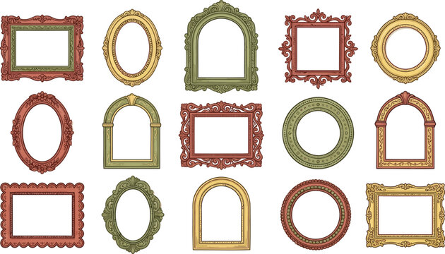 Collection of ornate picture frames in various shapes and colors