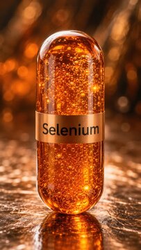 Selenium capsule with bubbles on a shiny background during a bright setting in a laboratory environment