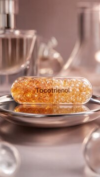 Close-up view of a capsule containing tocotrienol placed on a reflective surface with glass objects in the background in a well-lit setting