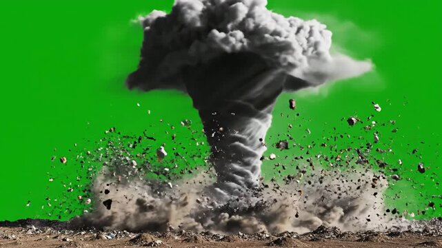 Massive tornado vortex with debris on green screen: realistic cgi weather simulation for vfx compositing and disaster scenes