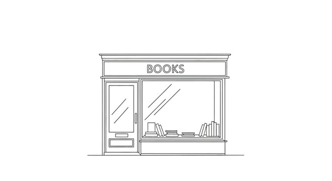 Minimalist bookstore illustration books displayed in shopfront window