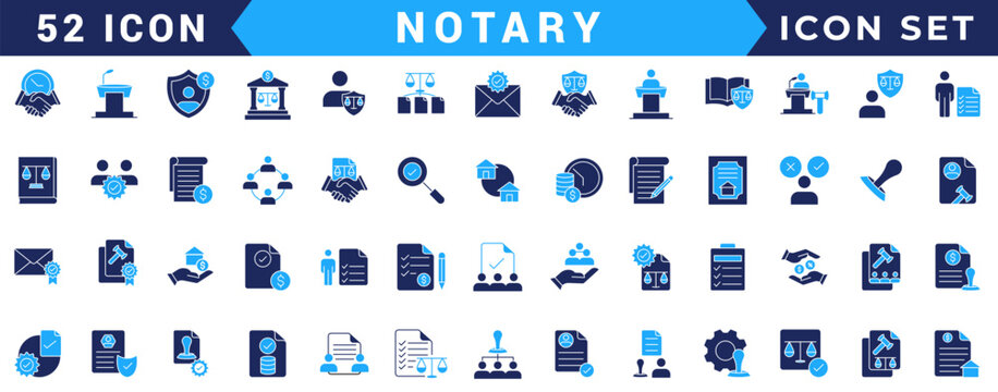 Notary icon set. Includes affidavit,acknowledgement, authentication, attestation,seal, certificate, jurat and more. Vectorillustration with editable strokes