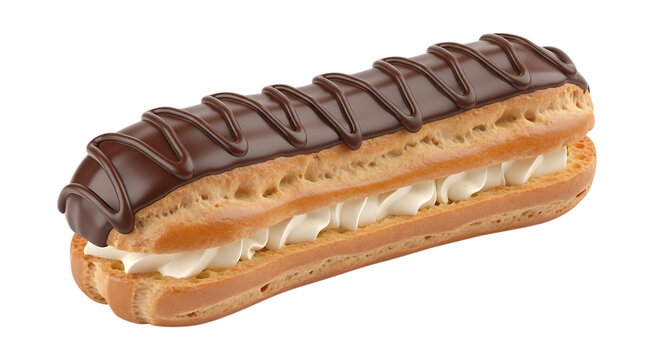 Chocolate covered eclair with cream filling detailed 3d rendering on transparent background pastry dessert baked sweet confection treat food cuisine